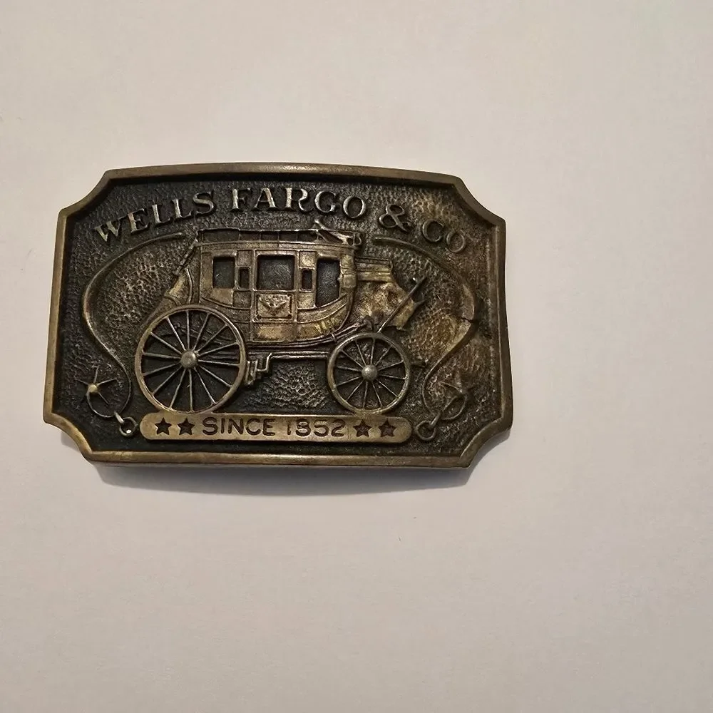 Vintage Wells Fargo‎ & Co.Brass Belt Buckle, likely from 1972.